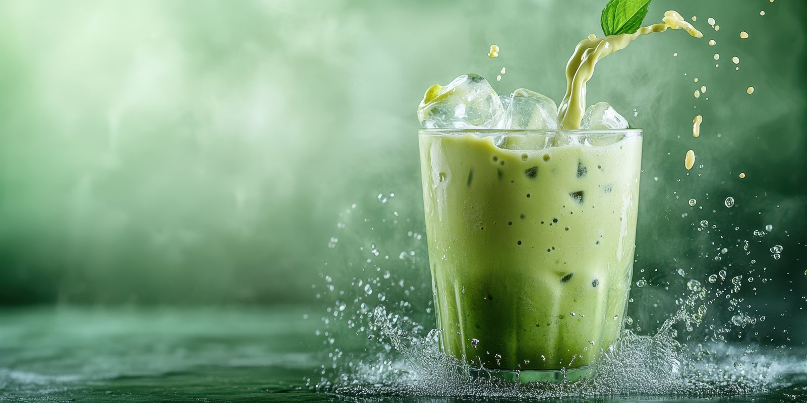 Refreshing green smoothie with ice splashing in a glass against a soft green background in a calm setting